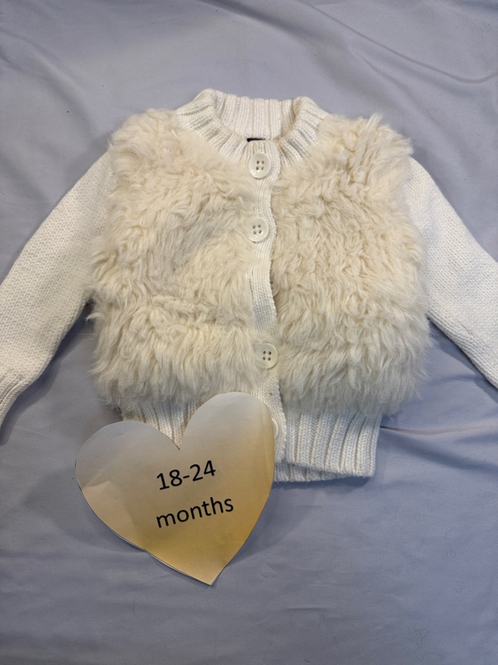 GAP - heavy weight knit faux fur cardigan button down sweater. Size 18-24 months